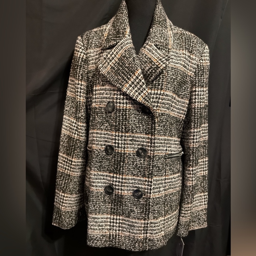 Maralyn & Me Black and White Plaid Pea Coat